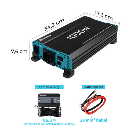 1000W 12V auf 230V Reine Sinus Wechselrichter mit 1 EU-Steckdose und Netzvorrangschaltung