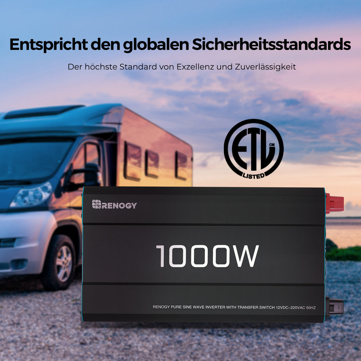 1000W 12V auf 230V Reine Sinus Wechselrichter mit 1 EU-Steckdose und Netzvorrangschaltung