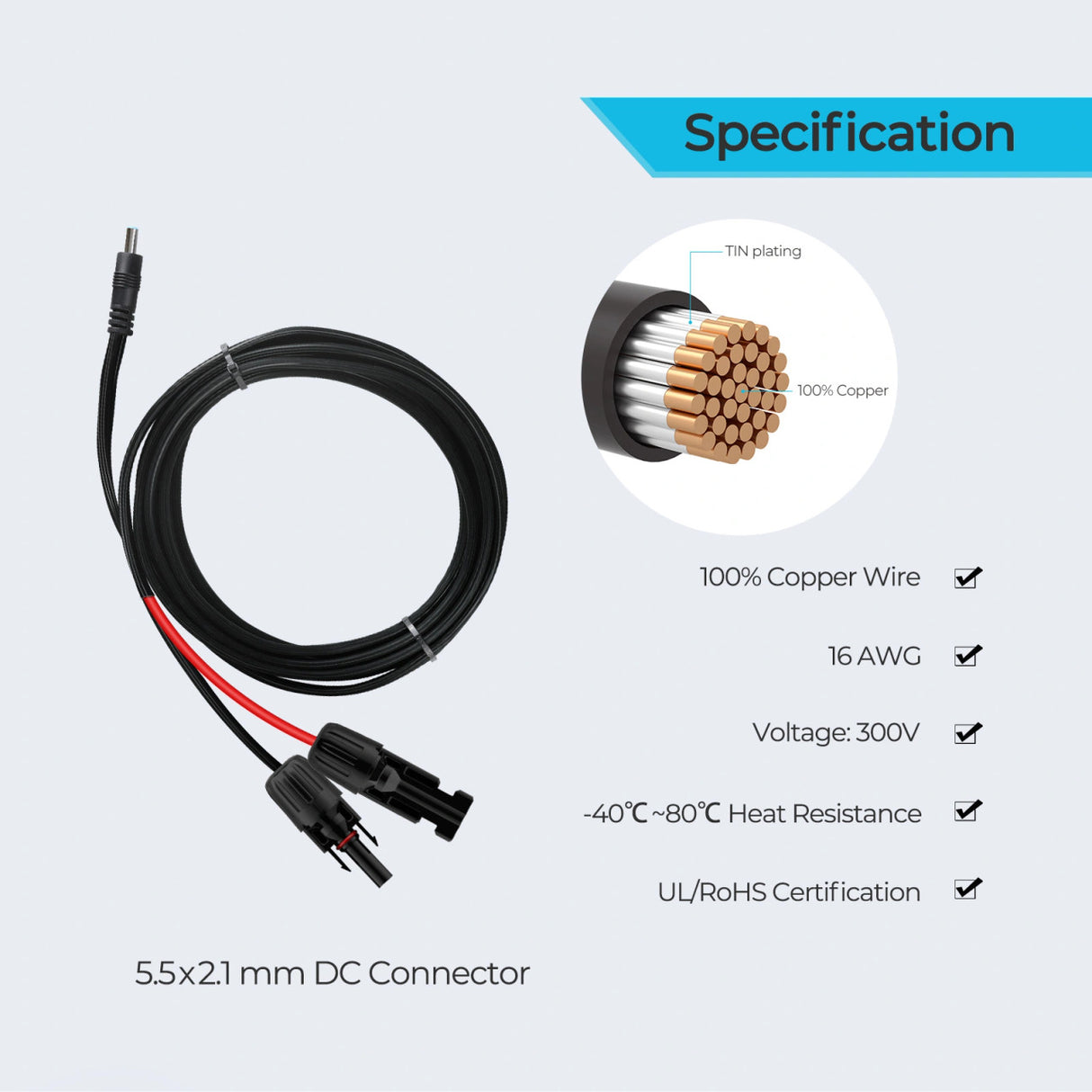 304,8cm 1,5mm² Solarstecker Adapterkabel zwischen Solarmodul und Renogy Powerstation