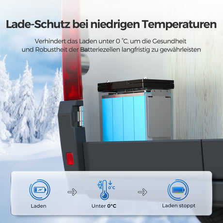wohnmobil lithium batterie Tieftemperaturschutz (<0℃ Ladevorgang unterbrechen, ≤ -20°C Enladevorgang unterbrechen).