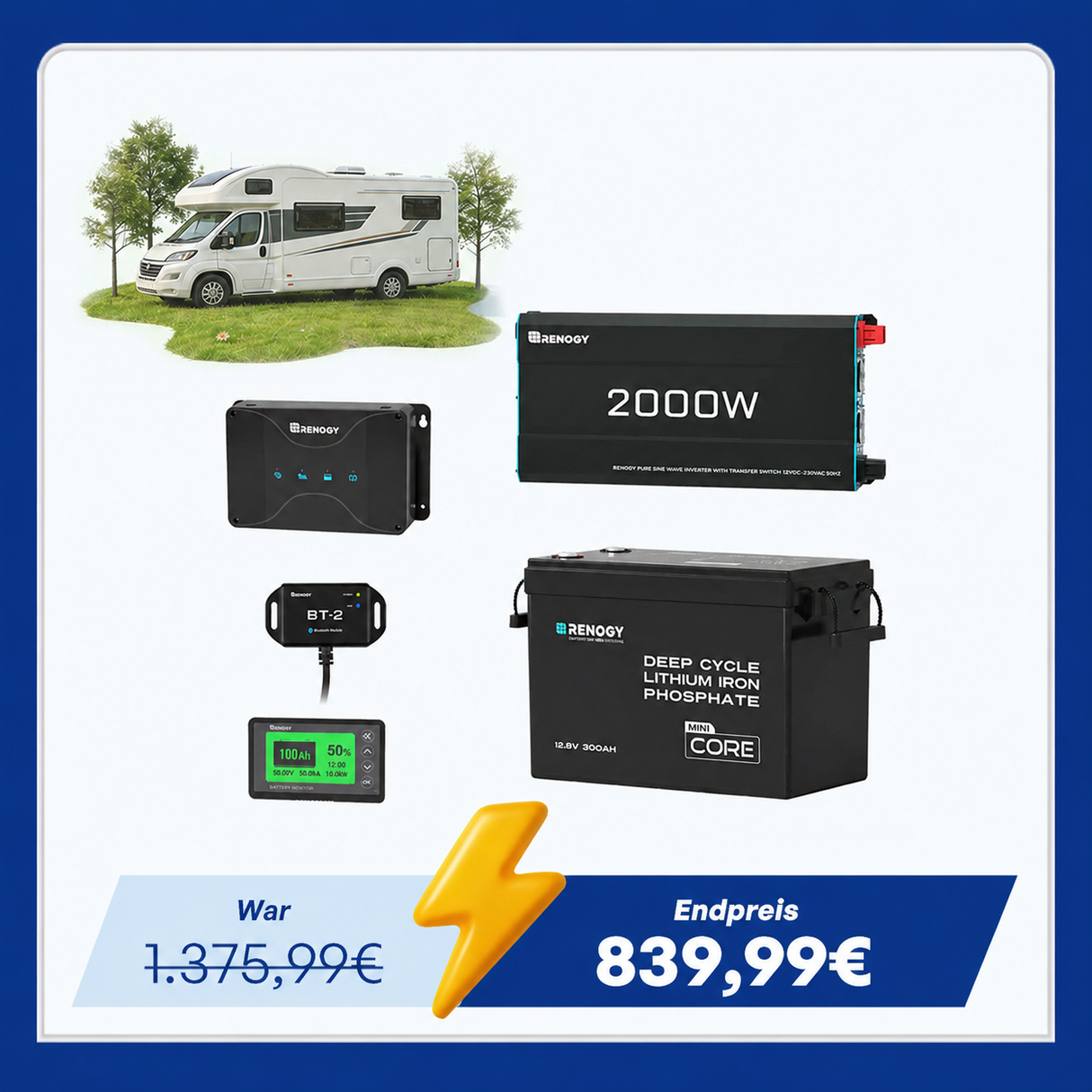 3,84kWh Wohnmobil Power Solaranlage| 2000W Wechselrichter, 50A Batterladegerät