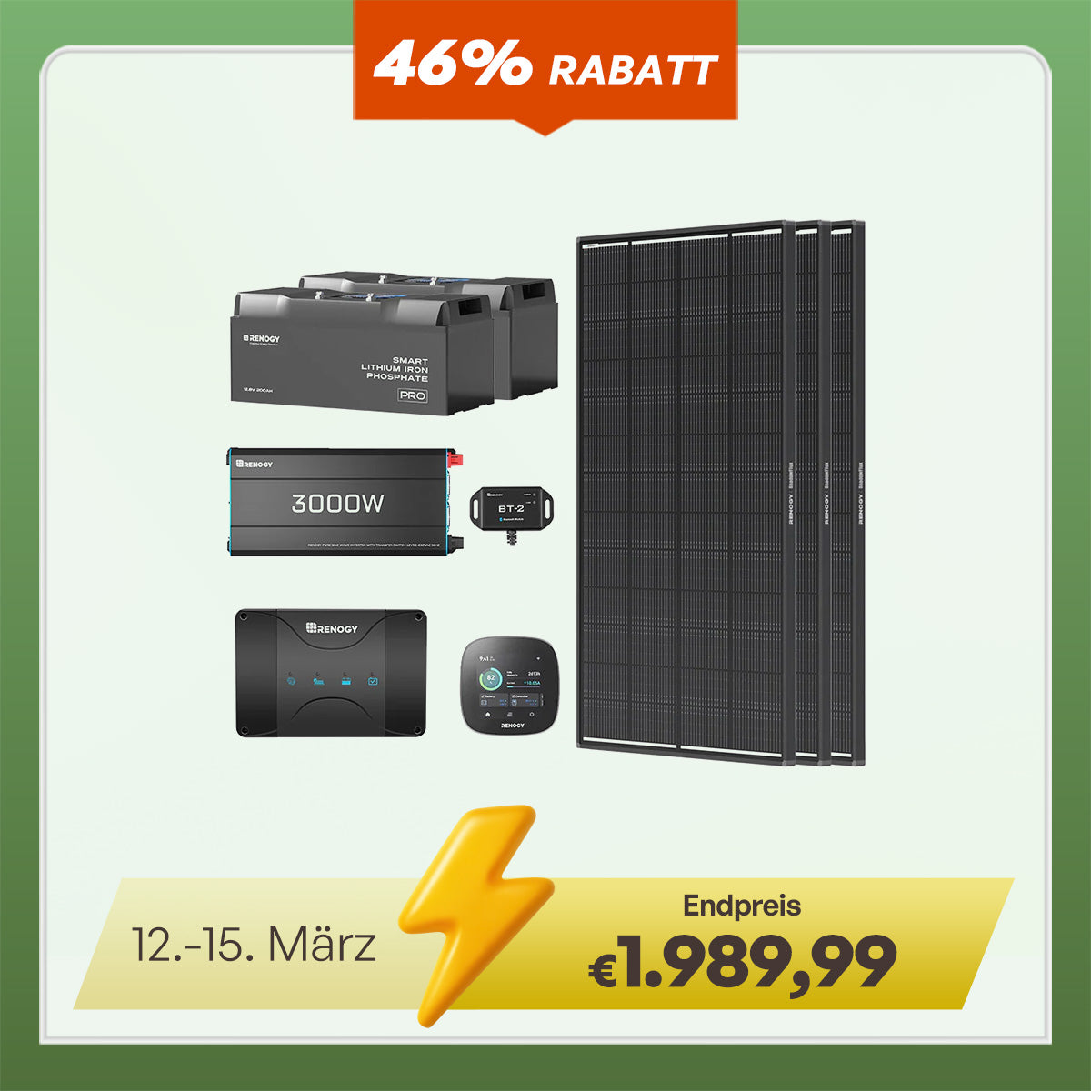 5,12 kWh Off-Grid Solaranlage | 200Ah LiFePO4 Batterien, 3000W Wechselrichter, 50A Batterieladegerät