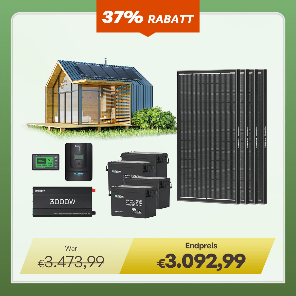 15.36kWh Off-Grid Solaranlage| 3000W Wechselrichter, 60A MPPT Laderegler