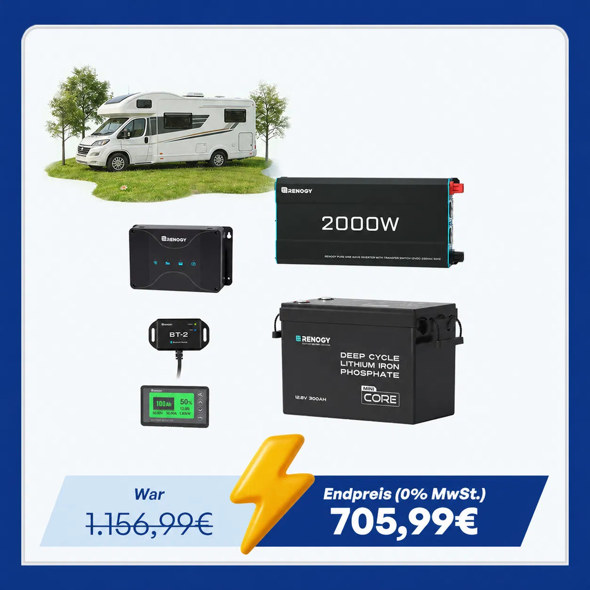 3,84kWh Wohnmobil Power Solaranlage| 2000W Wechselrichter, 50A Batterladegerät