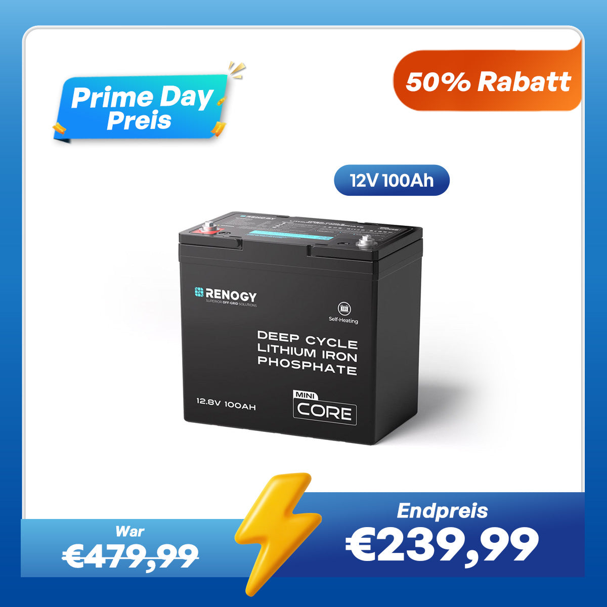 Renogy Prime Day Sale Core Mini- DuoHeat Tech 12V 100Ah LiFePO4 Lithium Batterie mit Selbstheizung