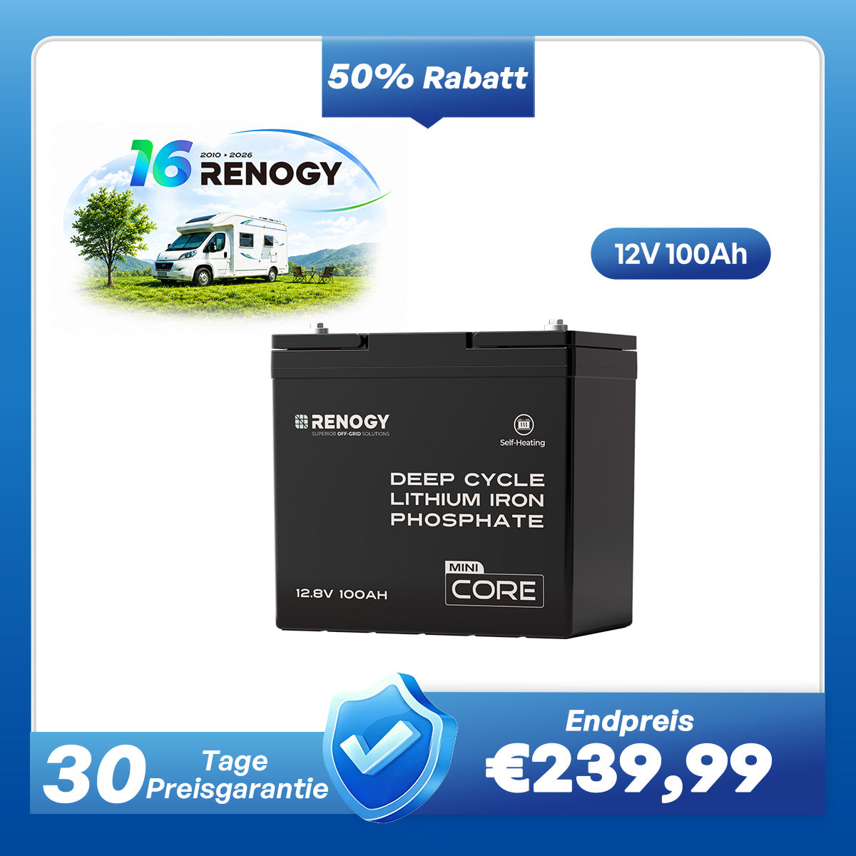 Core Mini- DuoHeat Tech 12V 100Ah LiFePO4 Lithium Batterie mit Selbstheizung
