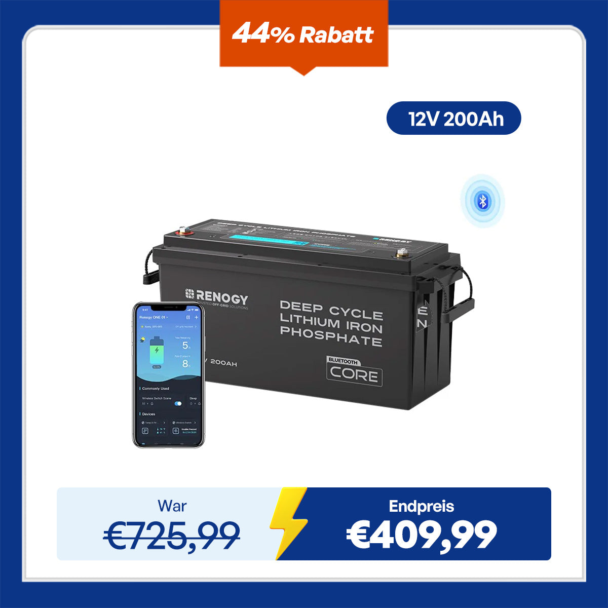 Core - 12V 200Ah Lithium Batterie mit Bluetooth
