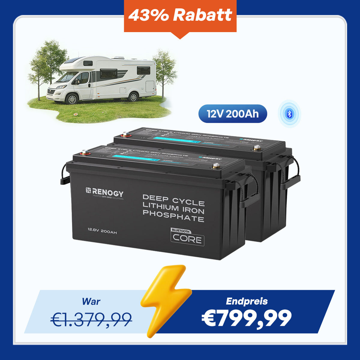 Core - 12V 200Ah LiFePO4 Lithium Batterie mit Bluetooth