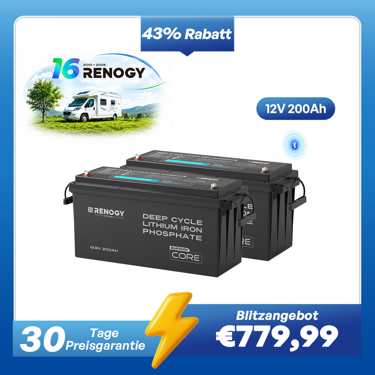 Core - 12V 200Ah LiFePO4 Lithium Batterie mit Bluetooth