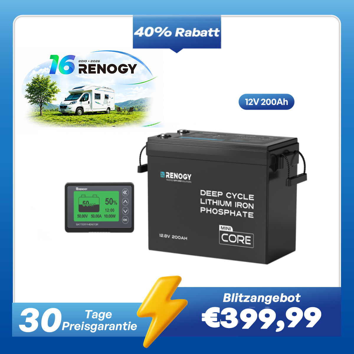 Core Mini - 12V 200Ah LiFePO4 Batterie mit Niedrigtemperaturschutz