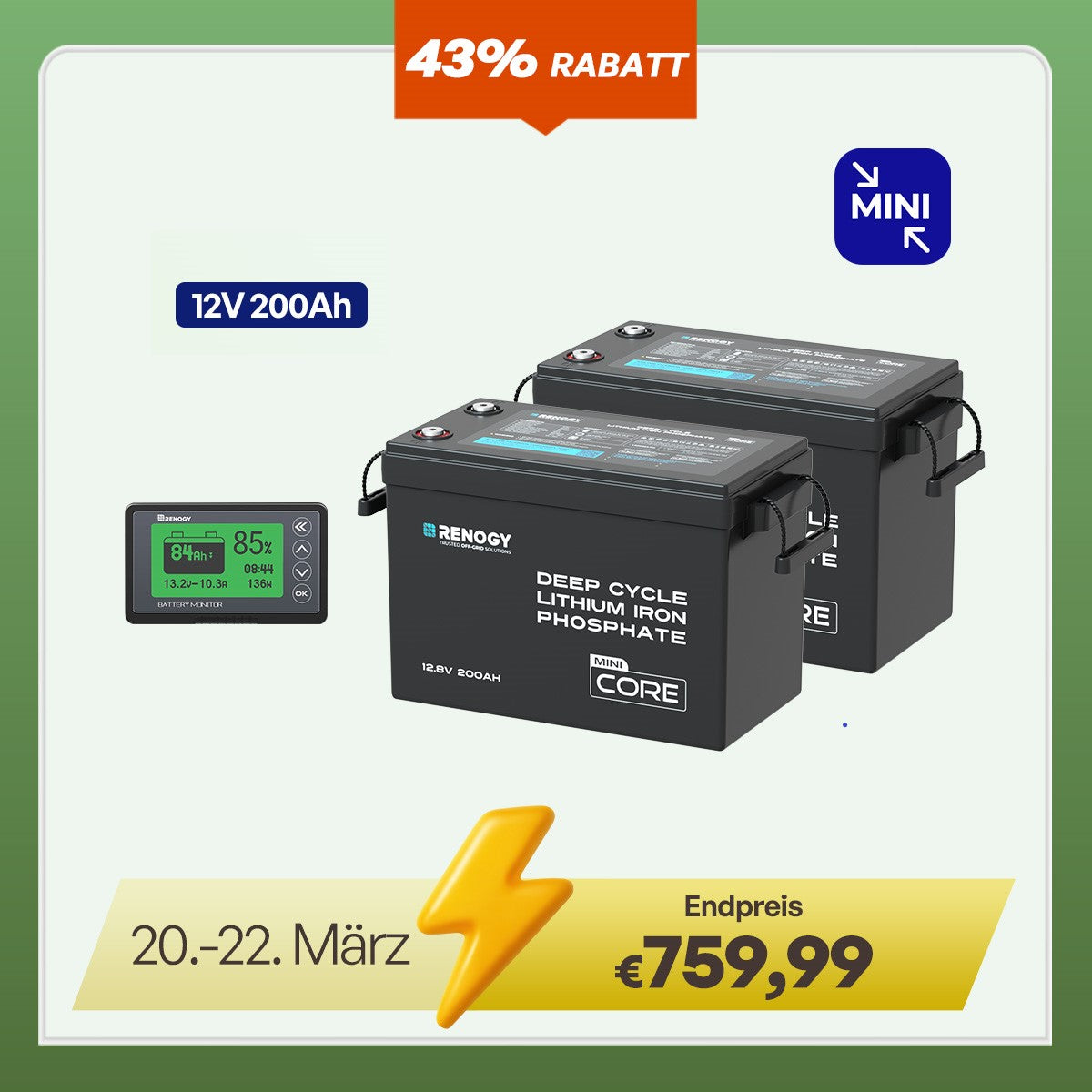 Core Mini - 12V 200Ah LiFePO4 Batterie mit Niedrigtemperaturschutz