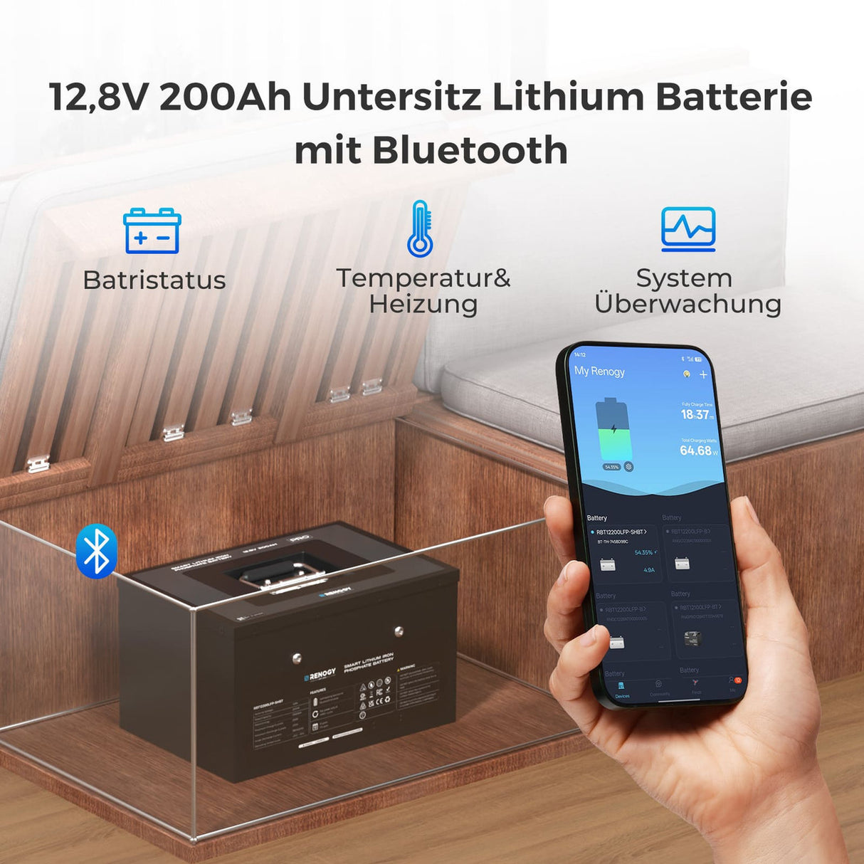 12V 200Ah Untersitz LiFePO4 Batterie mit Bluetooth