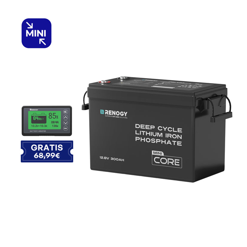 Core Mini-12V 300Ah LiFePo4 Lithium Batterie mit einem Monitor
