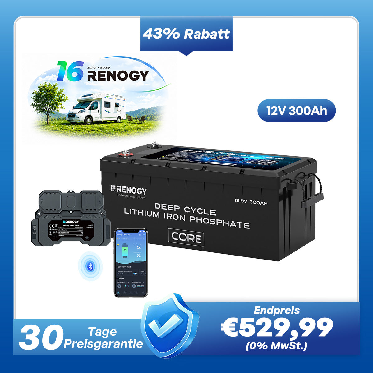 Core - 12V 300Ah LiFePo4 Lithium Batterie mit Selbstheizung