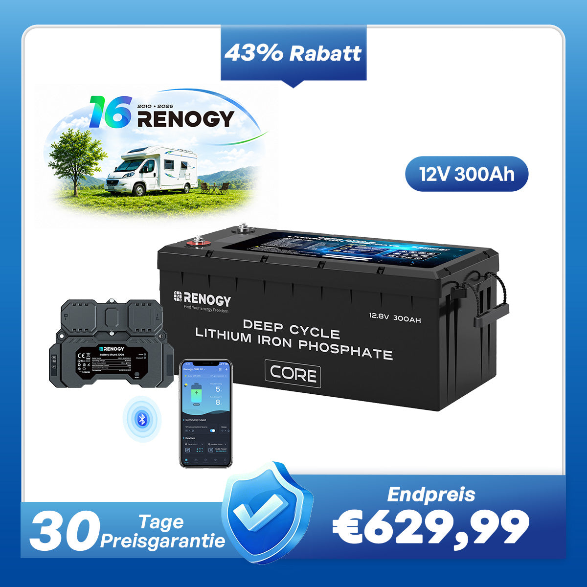 Core - 12V 300Ah LiFePo4 Lithium Batterie mit Selbstheizung