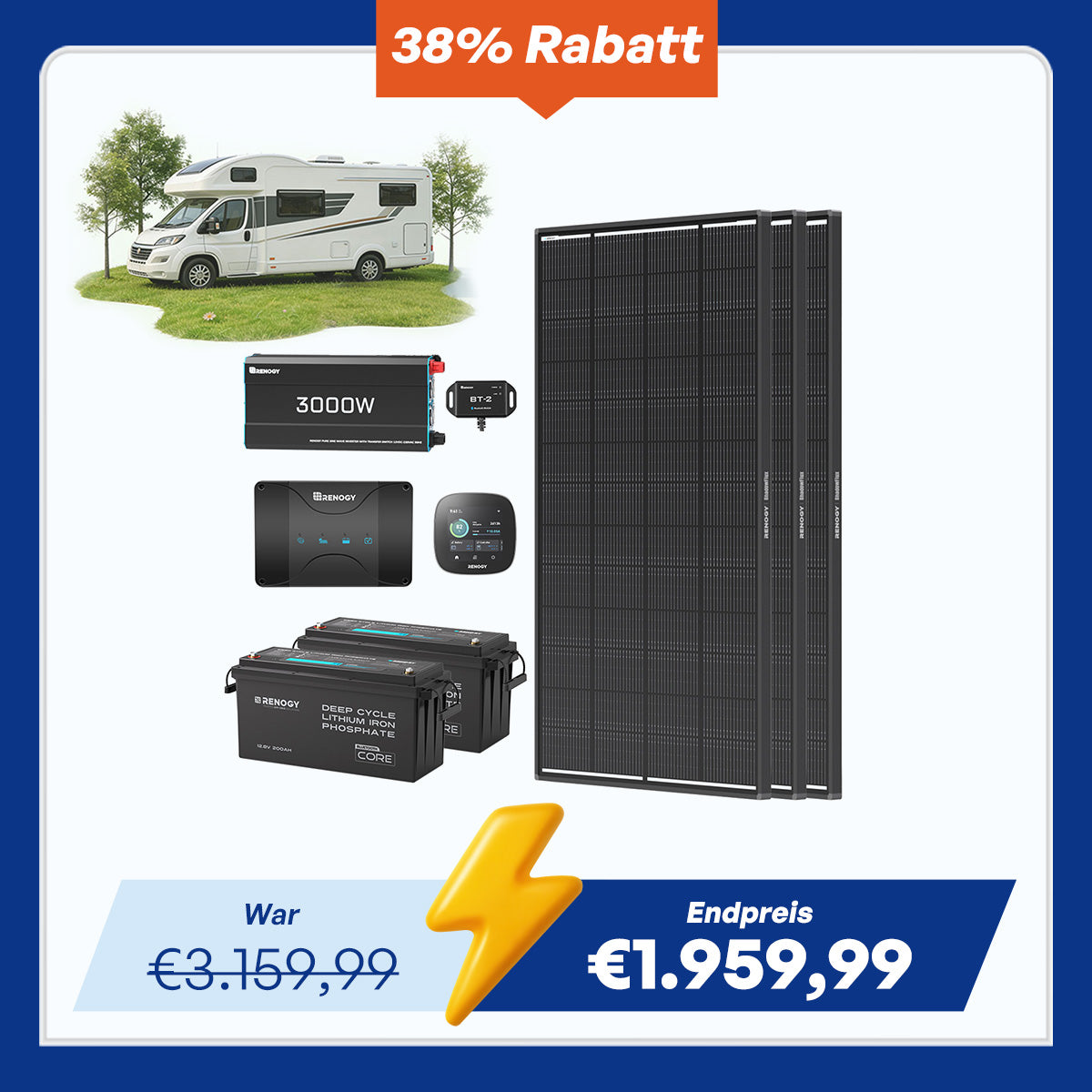 5,12 kWh Wohnmobil Solaranlage | Core 200Ah LiFePO4 Batterien, 3000W Wechselrichter, 50A Batterieladegerät