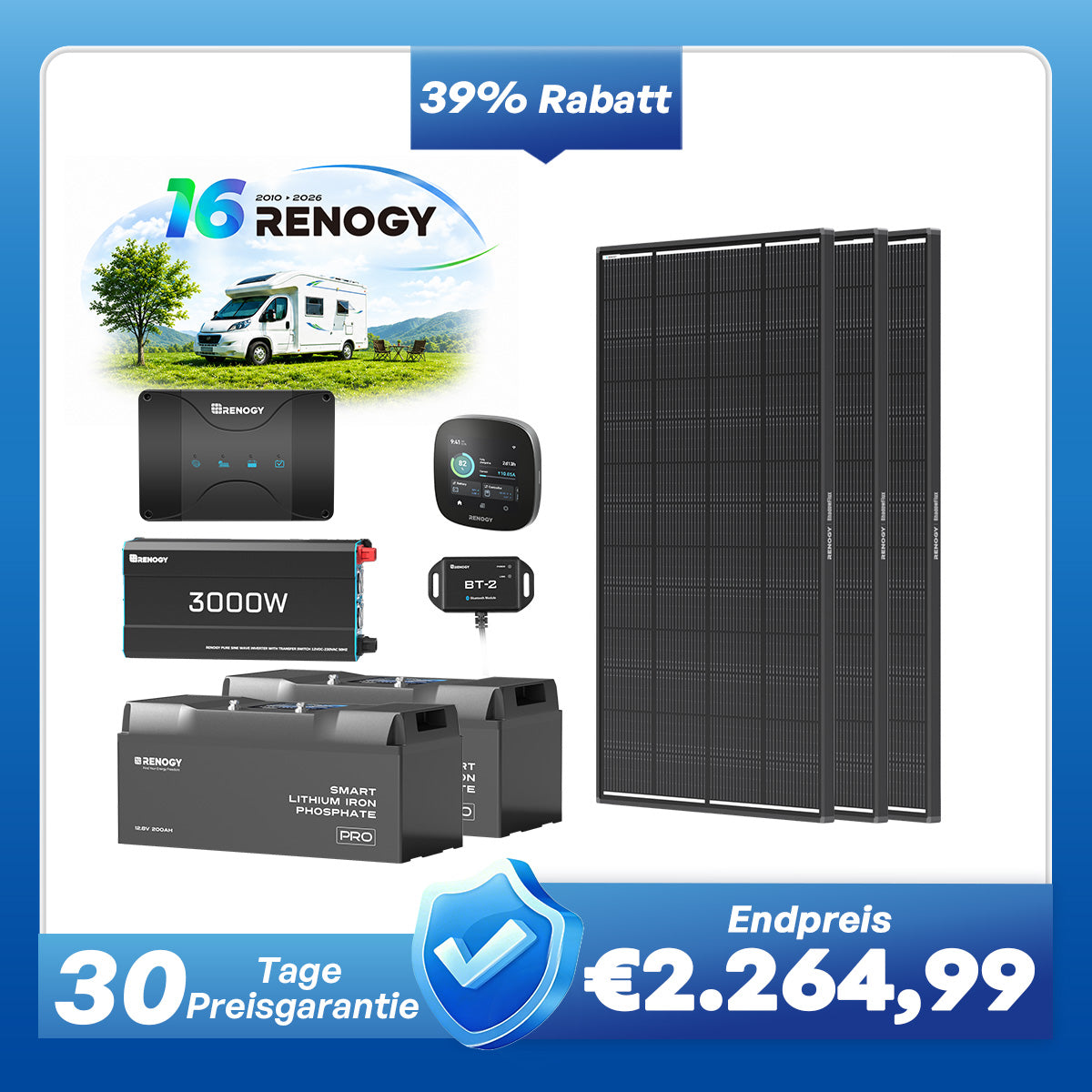 5,12 kWh Off-Grid Solaranlage | 200Ah LiFePO4 Batterien, 3000W Wechselrichter, 50A Batterieladegerät