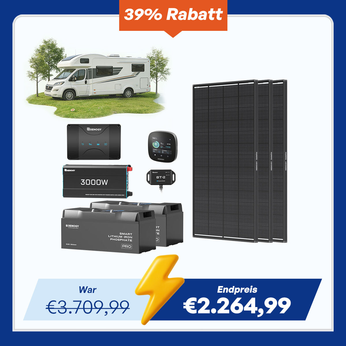 5,12 kWh Off-Grid Solaranlage | 200Ah LiFePO4 Batterien, 3000W Wechselrichter, 50A Batterieladegerät