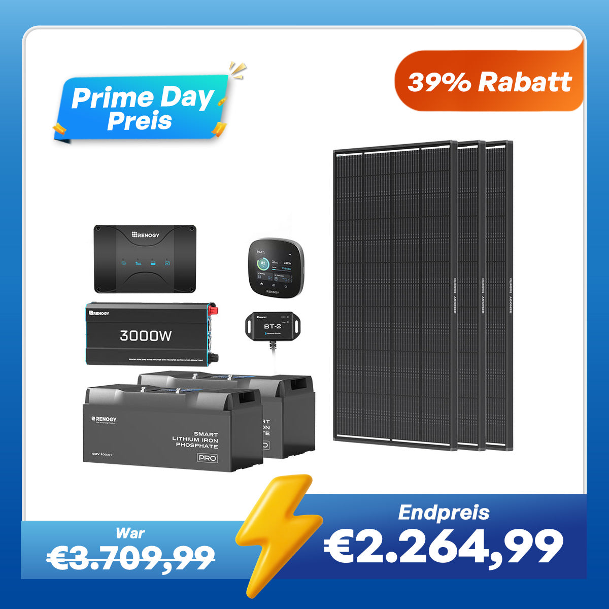 5,12 kWh Off-Grid Solaranlage | 200Ah LiFePO4 Batterien, 3000W Wechselrichter, 50A Batterieladegerät