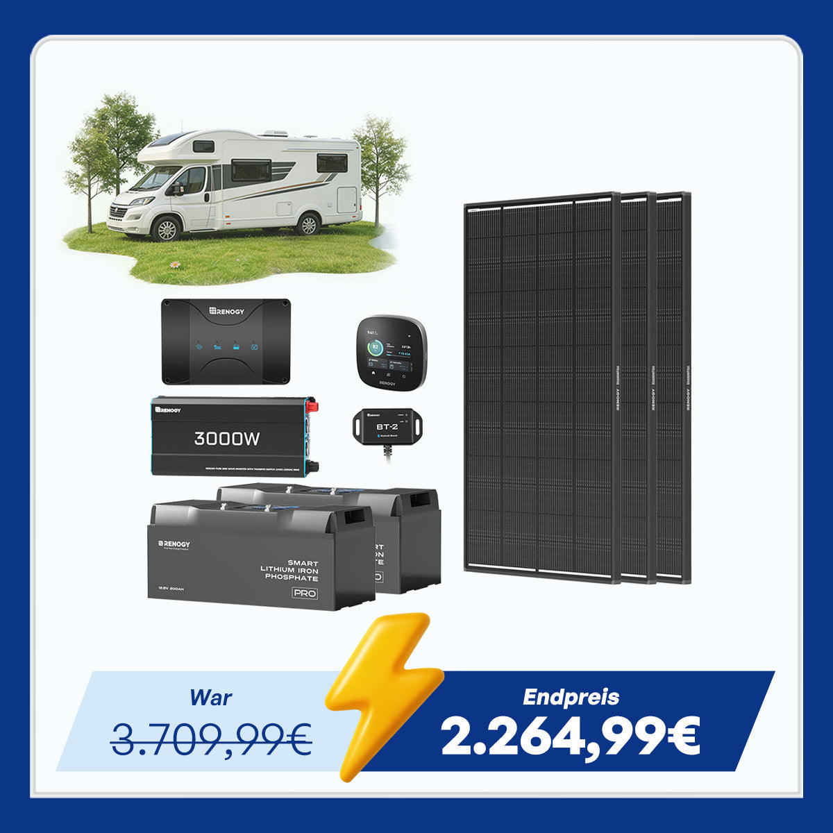 5,12 kWh Off-Grid Solaranlage | 200Ah LiFePO4 Batterien, 3000W Wechselrichter, 50A Batterieladegerät