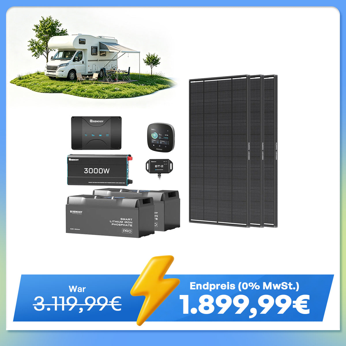 5,12 kWh Off-Grid Solaranlage | 200Ah LiFePO4 Batterien, 3000W Wechselrichter, 50A Batterieladegerät