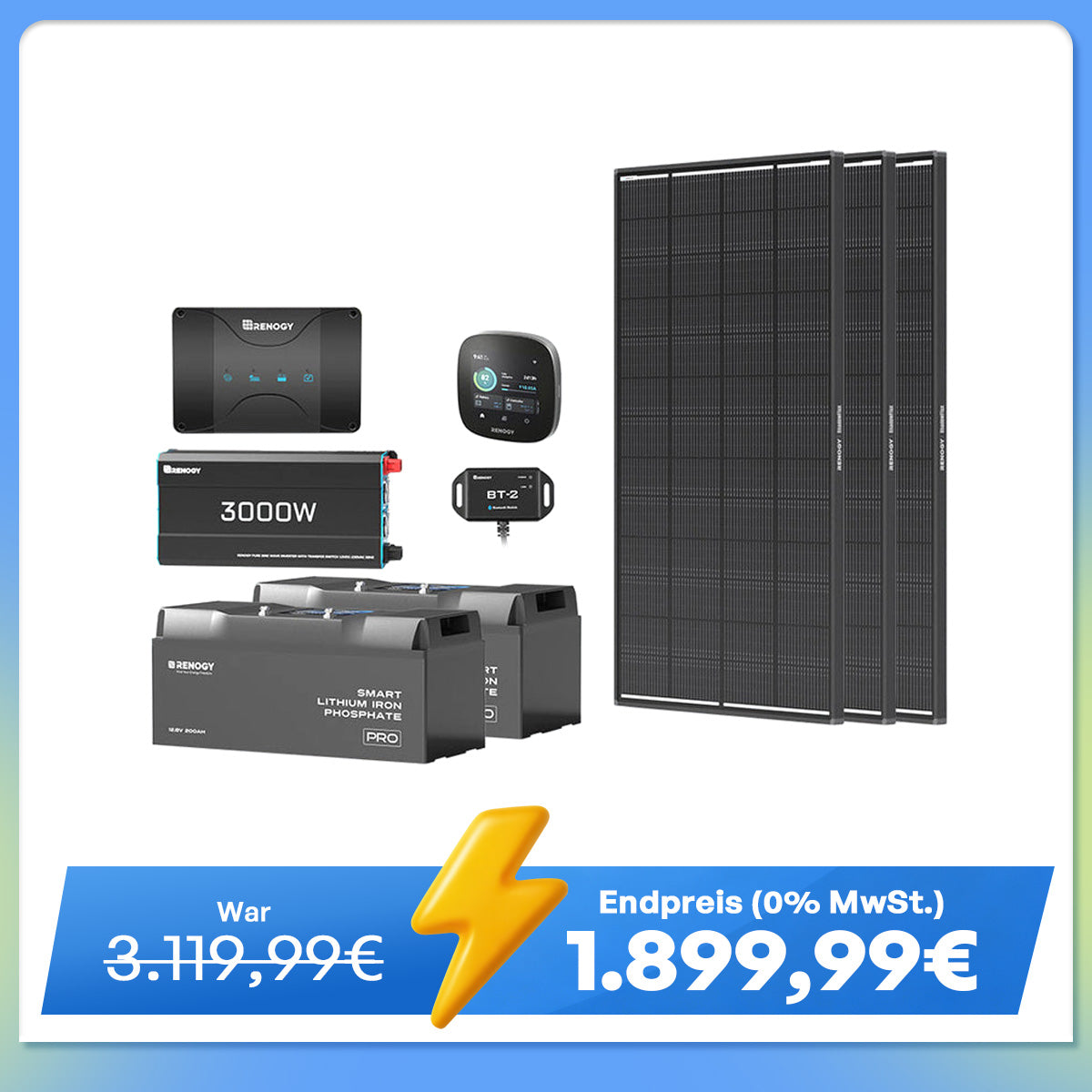 5,12 kWh Off-Grid Solaranlage | 200Ah LiFePO4 Batterien, 3000W Wechselrichter, 50A Batterieladegerät