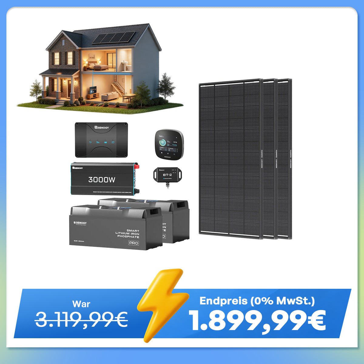 5,12 kWh Off-Grid Solaranlage | 200Ah LiFePO4 Batterien, 3000W Wechselrichter, 50A Batterieladegerät