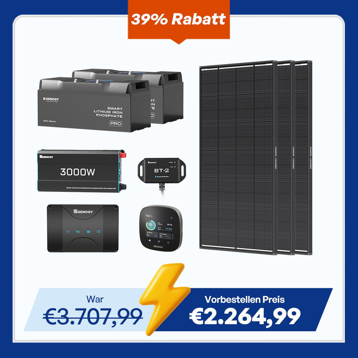 5,12 kWh Off-Grid Solaranlage | 200Ah LiFePO4 Batterien, 3000W Wechselrichter, 50A Batterieladegerät