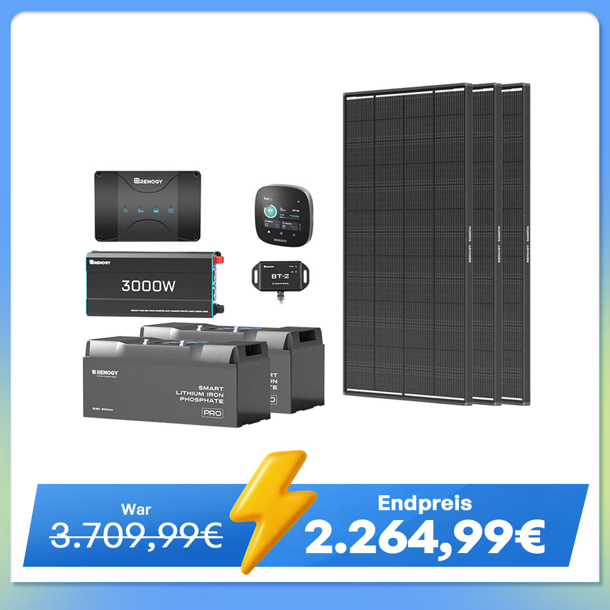 5,12 kWh Off-Grid Solaranlage | 200Ah LiFePO4 Batterien, 3000W Wechselrichter, 50A Batterieladegerät