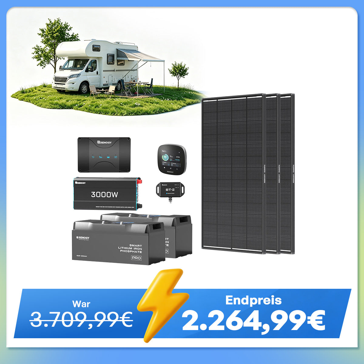 5,12 kWh Off-Grid Solaranlage | 200Ah LiFePO4 Batterien, 3000W Wechselrichter, 50A Batterieladegerät