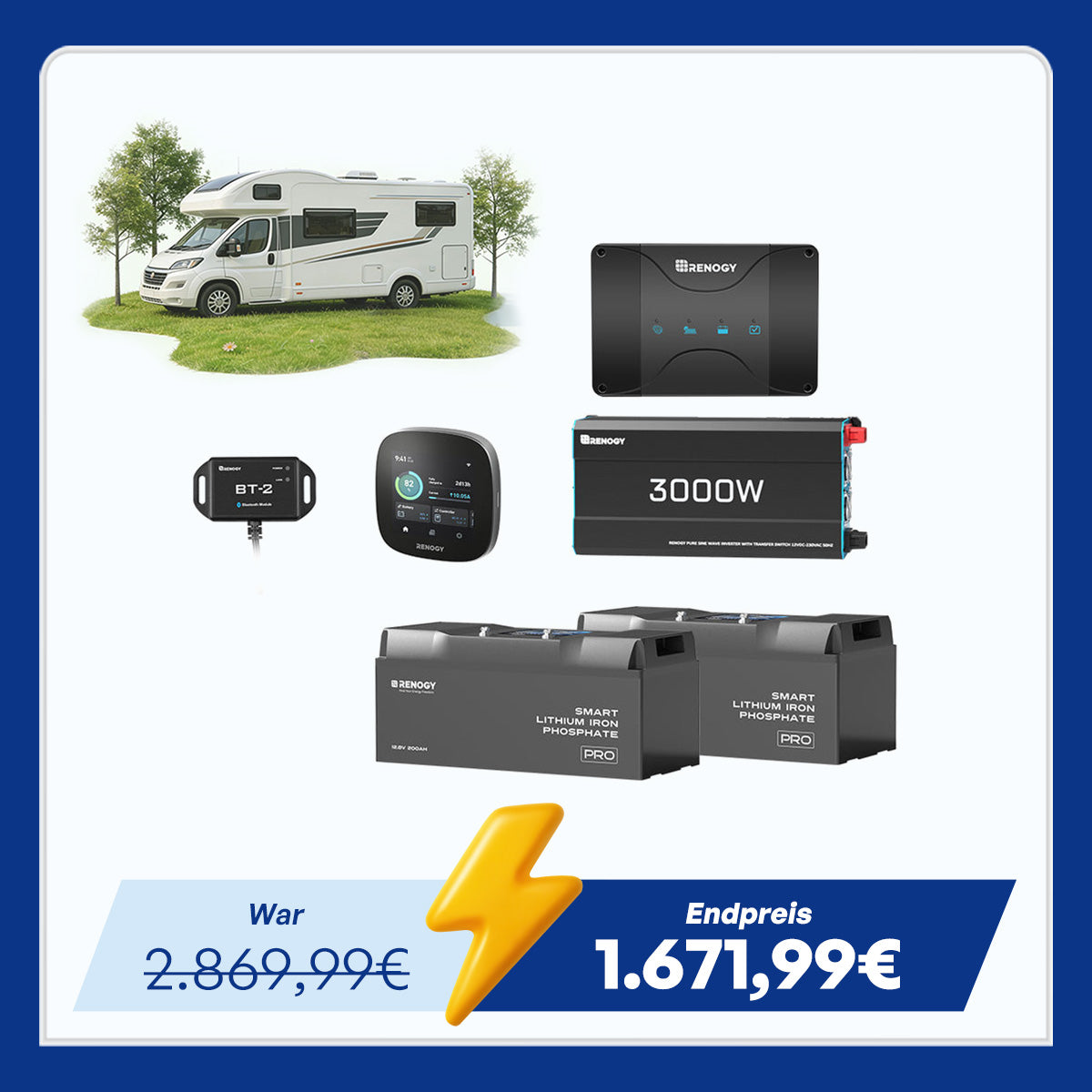 5,12 kWh Off-Grid Solaranlage | 200Ah LiFePO4 Batterien, 3000W Wechselrichter, 50A Batterieladegerät