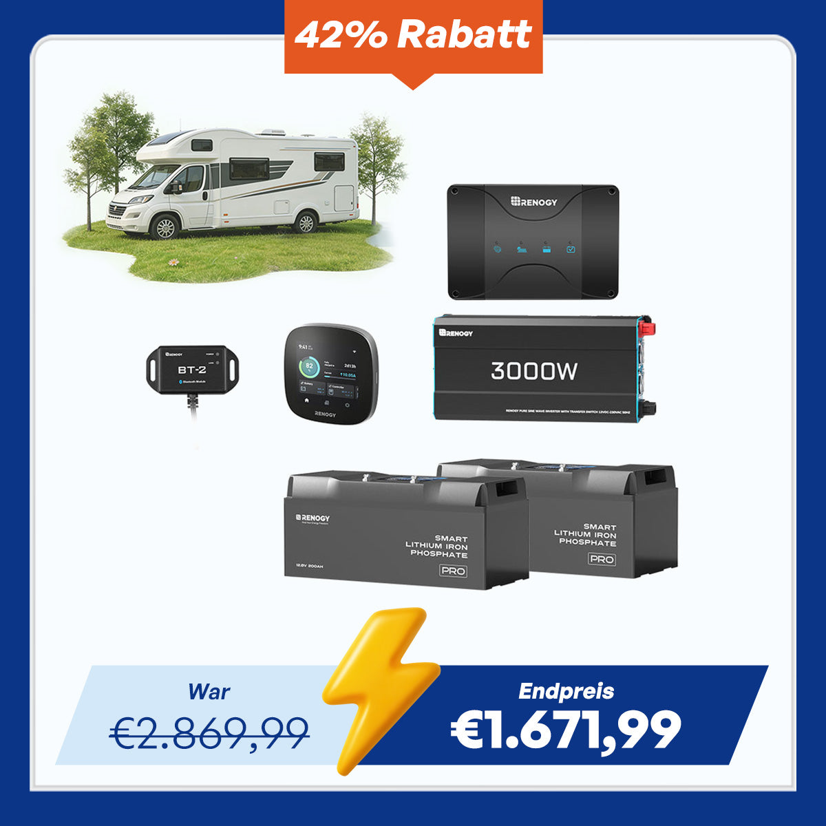 5,12 kWh Off-Grid Solaranlage | 200Ah LiFePO4 Batterien, 3000W Wechselrichter, 50A Batterieladegerät
