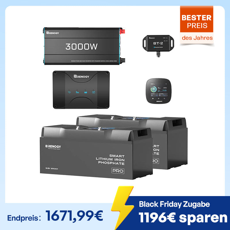5,12 kWh Off-Grid Solaranlage | 200Ah LiFePO4 Batterien, 3000W Wechselrichter, 50A Batterieladegerät