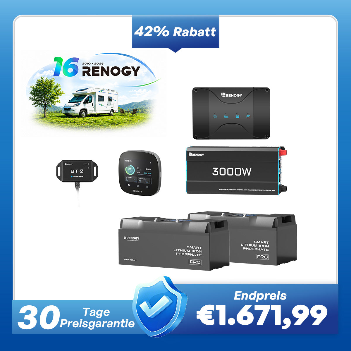 5,12 kWh Off-Grid Solaranlage | 200Ah LiFePO4 Batterien, 3000W Wechselrichter, 50A Batterieladegerät