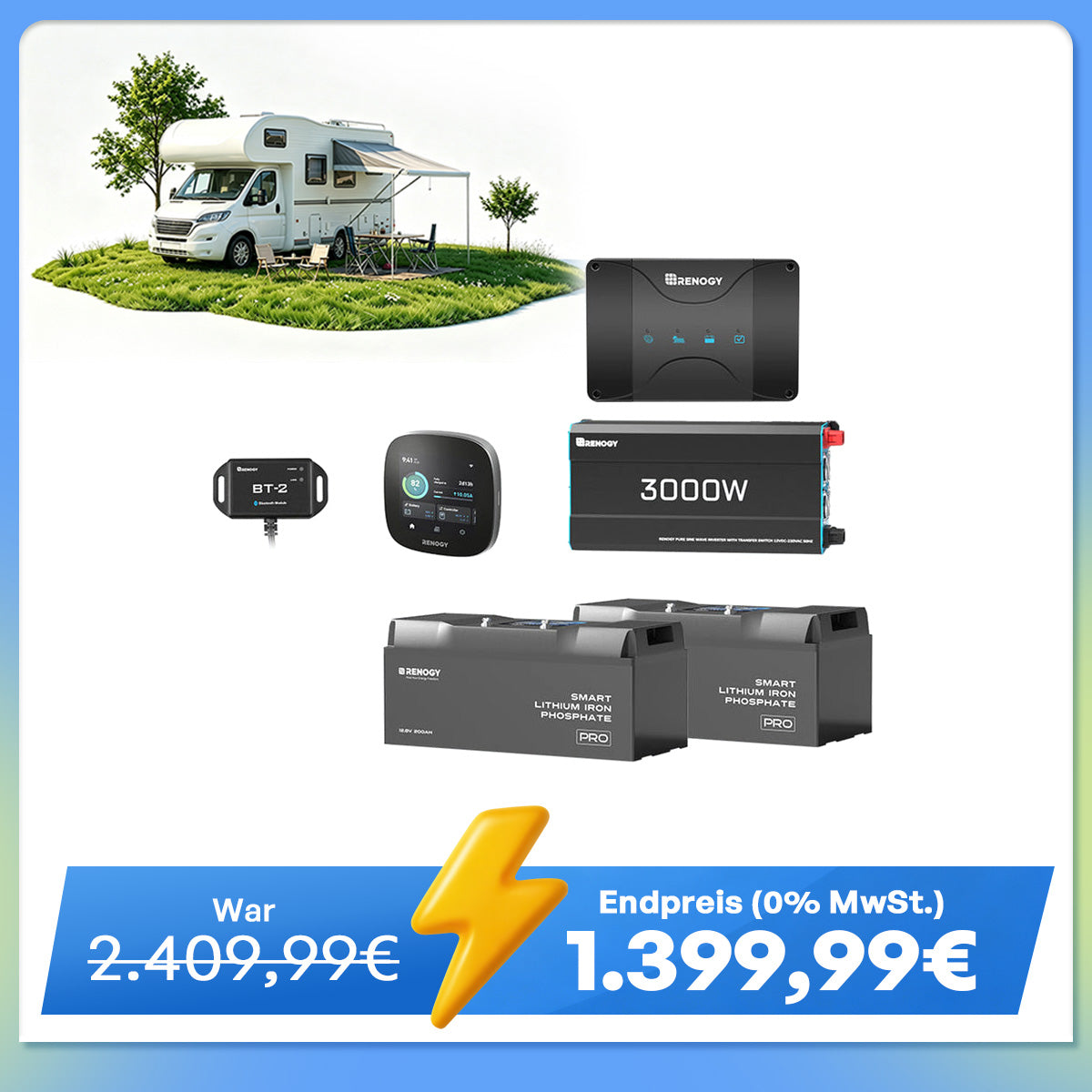 5,12 kWh Off-Grid Solaranlage | 200Ah LiFePO4 Batterien, 3000W Wechselrichter, 50A Batterieladegerät