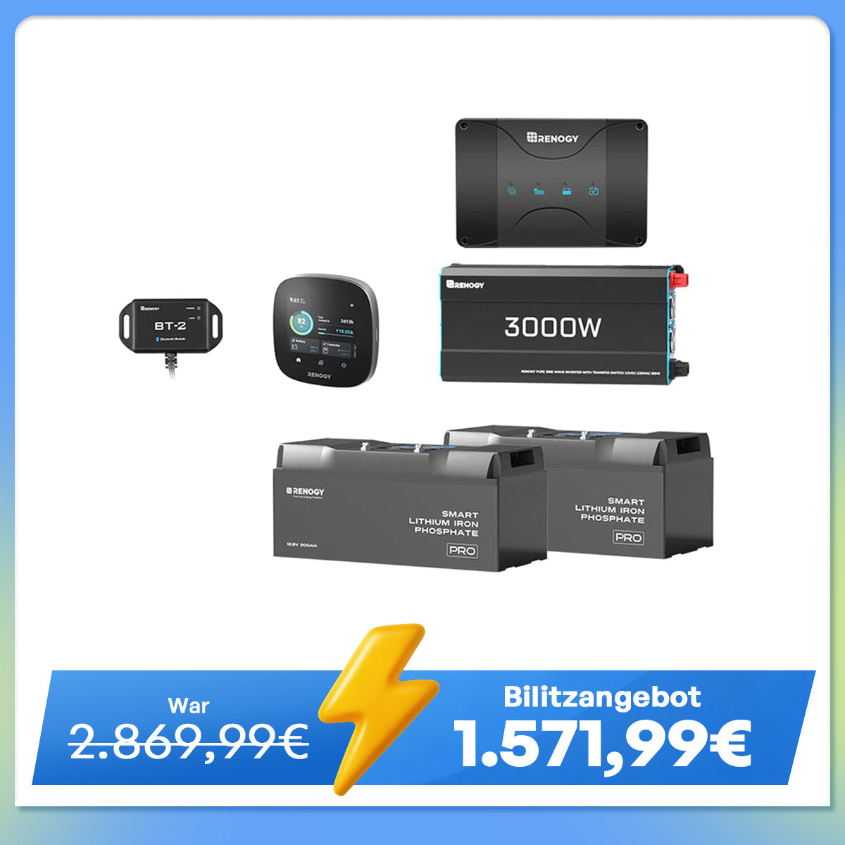 5,12 kWh Solaranlage | Pro 200Ah LiFePO4 Batterien, 3000W Wechselrichter, 50A Batterieladegerät