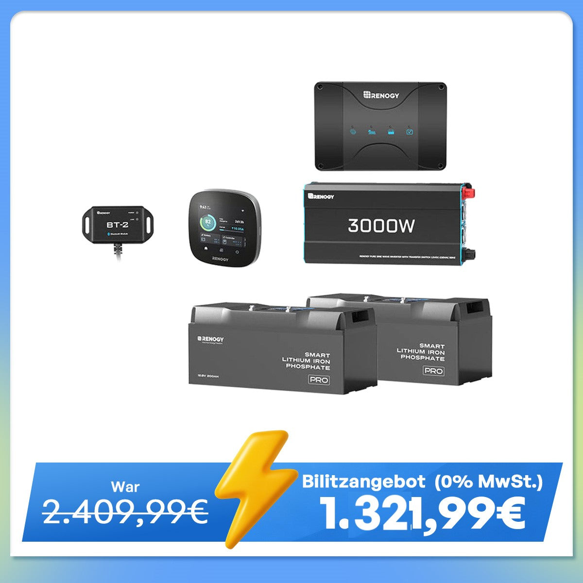 5,12 kWh Solaranlage | Pro 200Ah LiFePO4 Batterien, 3000W Wechselrichter, 50A Batterieladegerät