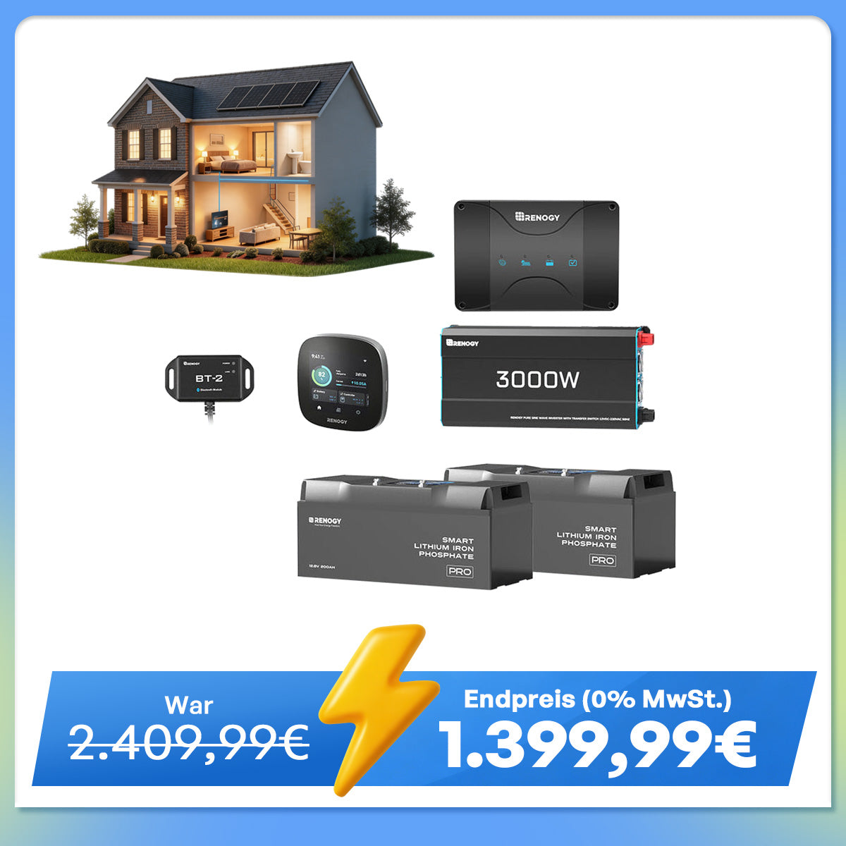 5,12 kWh Off-Grid Solaranlage | 200Ah LiFePO4 Batterien, 3000W Wechselrichter, 50A Batterieladegerät