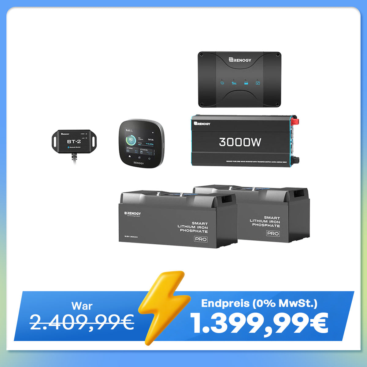 5,12 kWh Off-Grid Solaranlage | 200Ah LiFePO4 Batterien, 3000W Wechselrichter, 50A Batterieladegerät