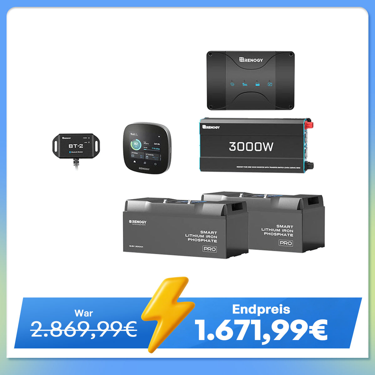 5,12 kWh Off-Grid Solaranlage | 200Ah LiFePO4 Batterien, 3000W Wechselrichter, 50A Batterieladegerät