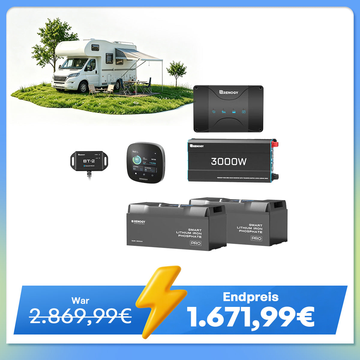 5,12 kWh Off-Grid Solaranlage | 200Ah LiFePO4 Batterien, 3000W Wechselrichter, 50A Batterieladegerät