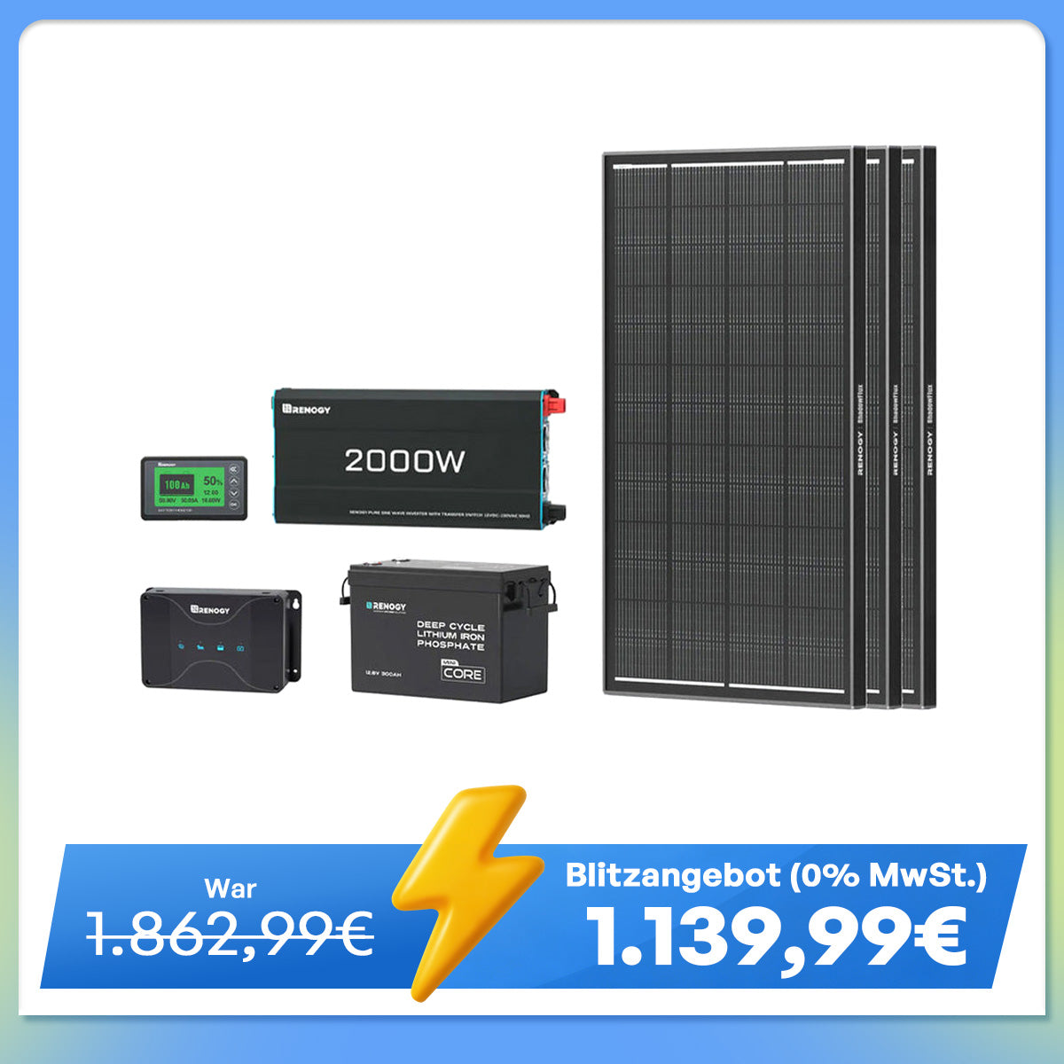 3,84 kWh Wohnmobil Power Solaranlage| 2000W Wechselrichter, 50A Batterladegerät