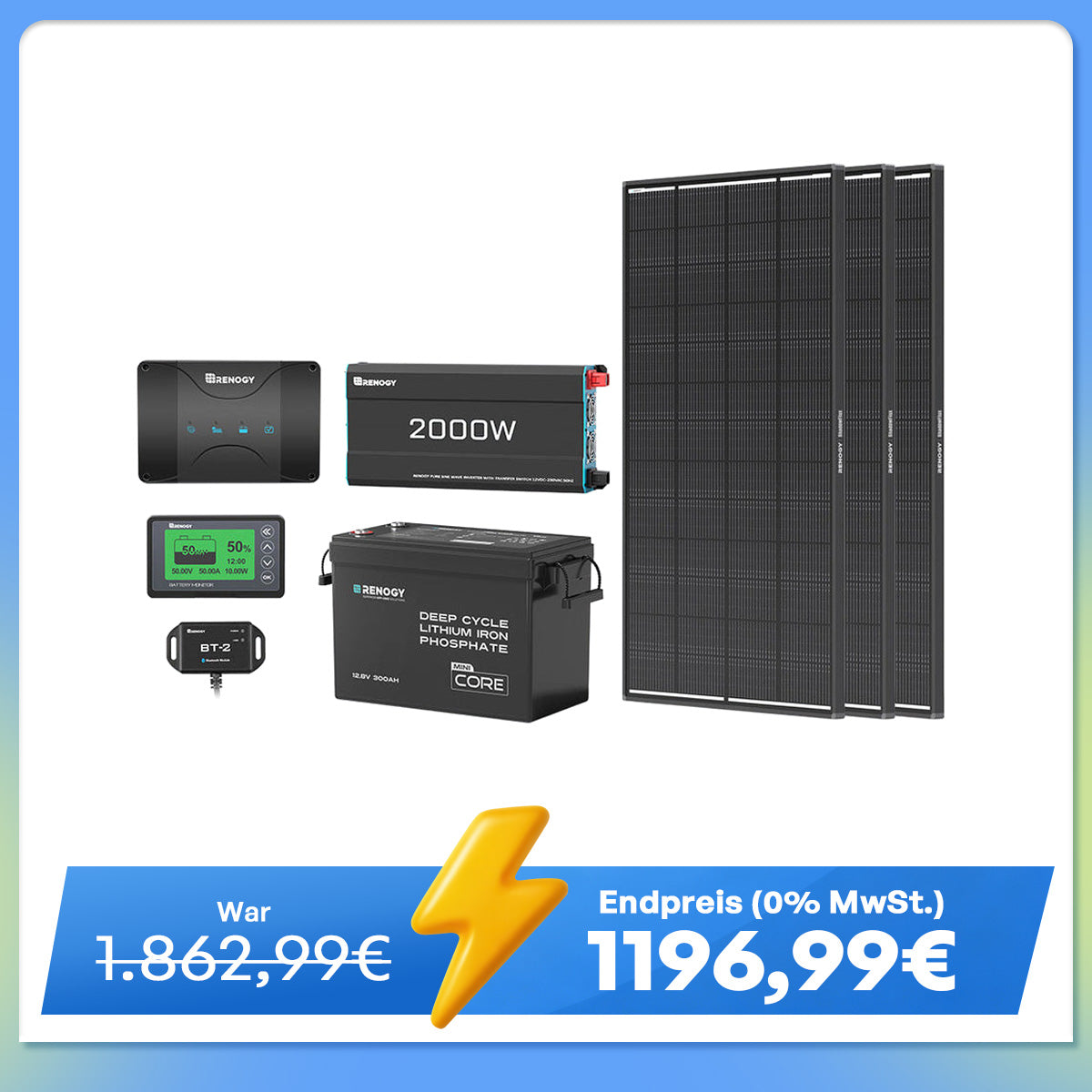 3,84kWh Wohnmobil Power Solaranlage| 2000W Wechselrichter, 50A Batterladegerät