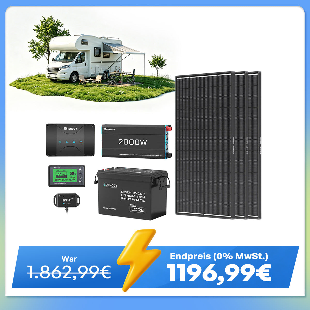3,84kWh Wohnmobil Power Solaranlage| 2000W Wechselrichter, 50A Batterladegerät