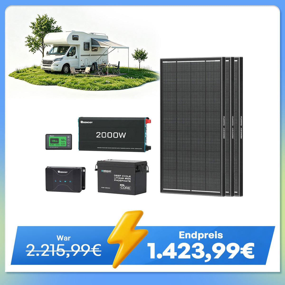 3,84kWh Wohnmobil Power Solaranlage| 2000W Wechselrichter, 50A Batterladegerät