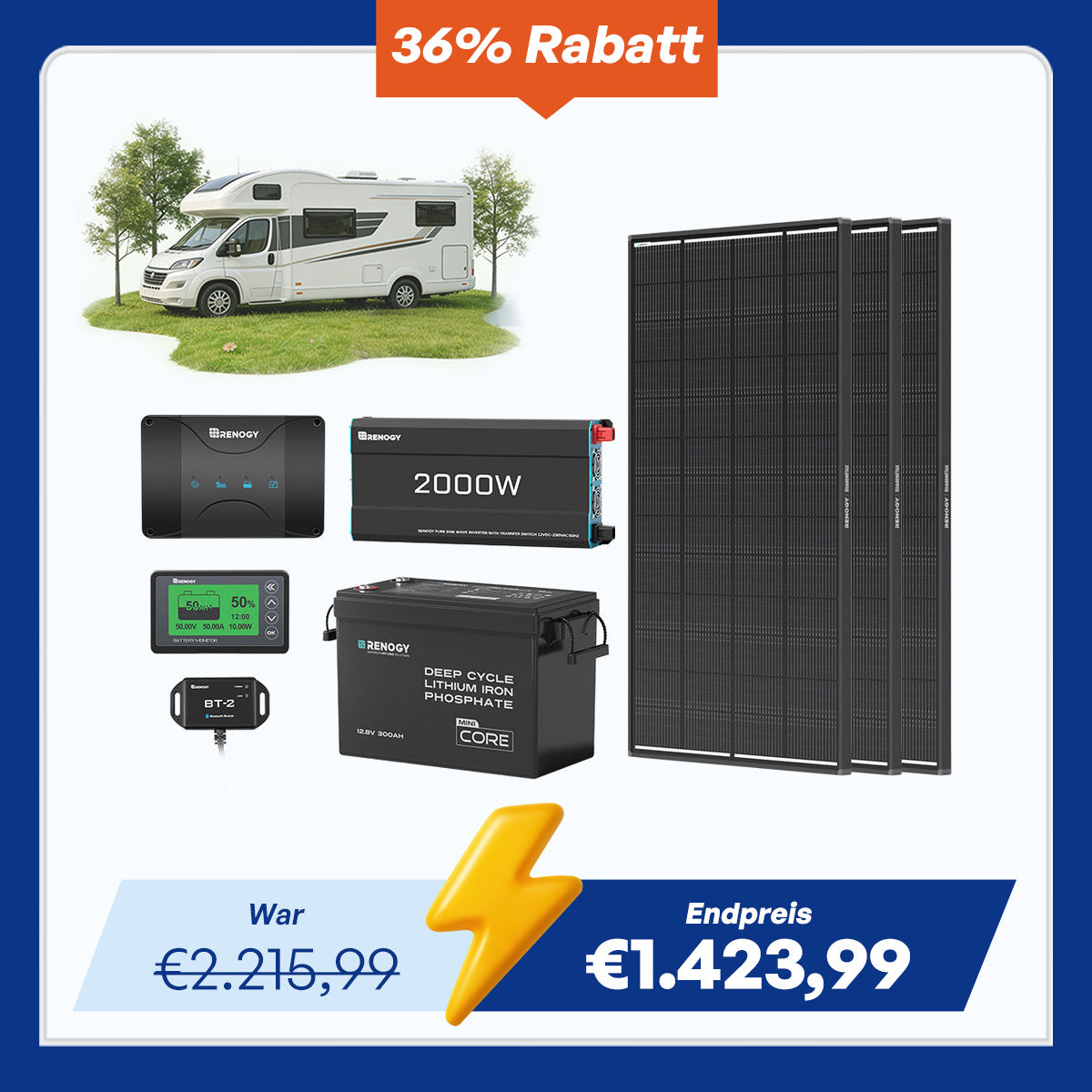 3,84kWh Wohnmobil Power Solaranlage| 2000W Wechselrichter, 50A Batterladegerät