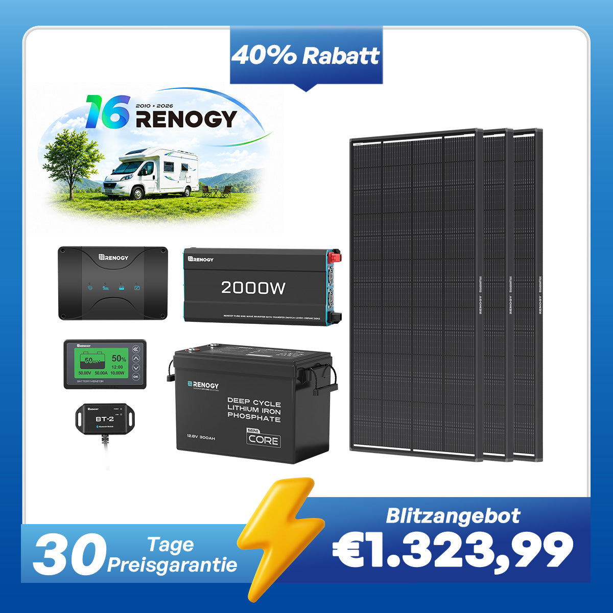 3,84kWh Wohnmobil Power Solaranlage| 2000W Wechselrichter, 50A Batterladegerät