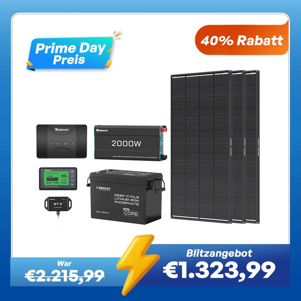 3,84kWh Wohnmobil Power Solaranlage| 2000W Wechselrichter, 50A Batterladegerät