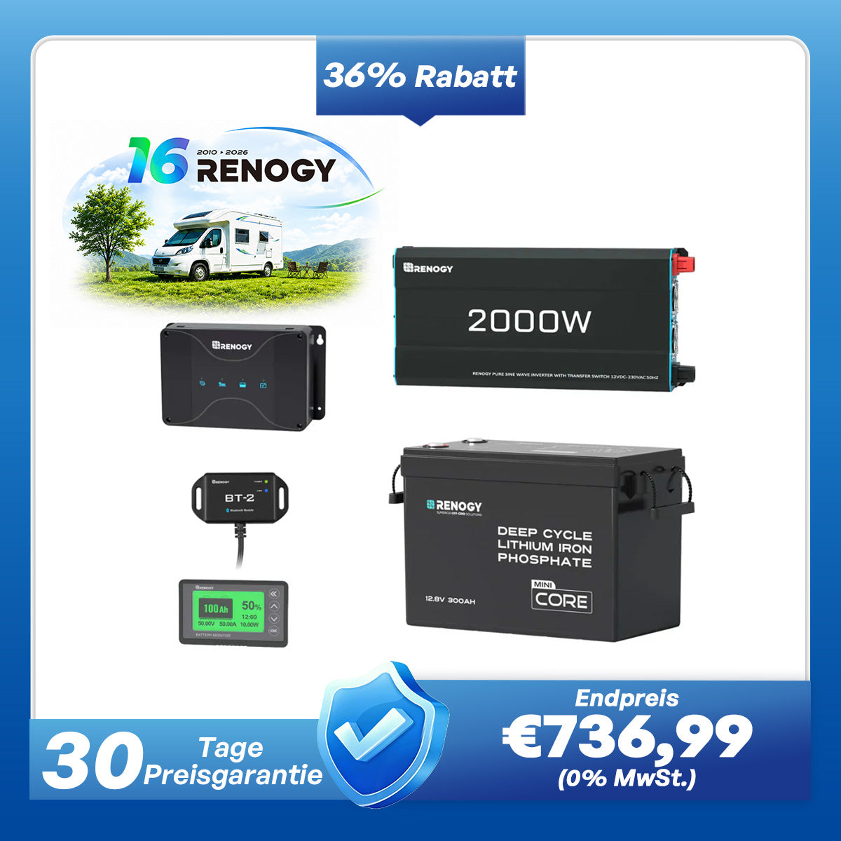 3,84kWh Wohnmobil Power Solaranlage| 2000W Wechselrichter, 50A Batterladegerät