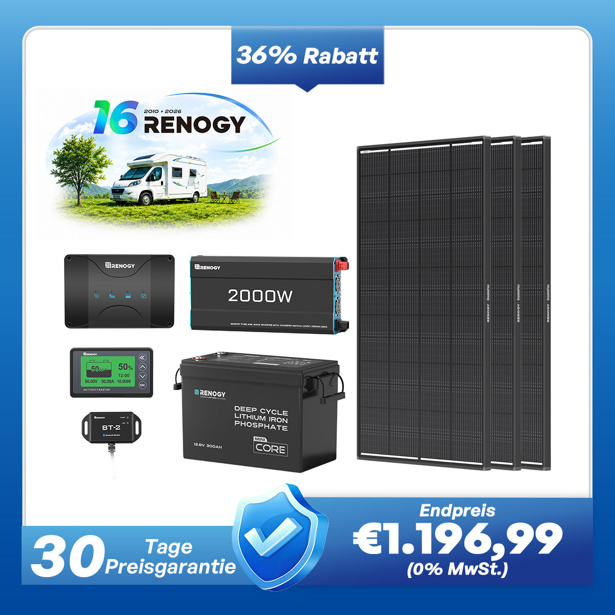 3,84kWh Wohnmobil Power Solaranlage| 2000W Wechselrichter, 50A Batterladegerät